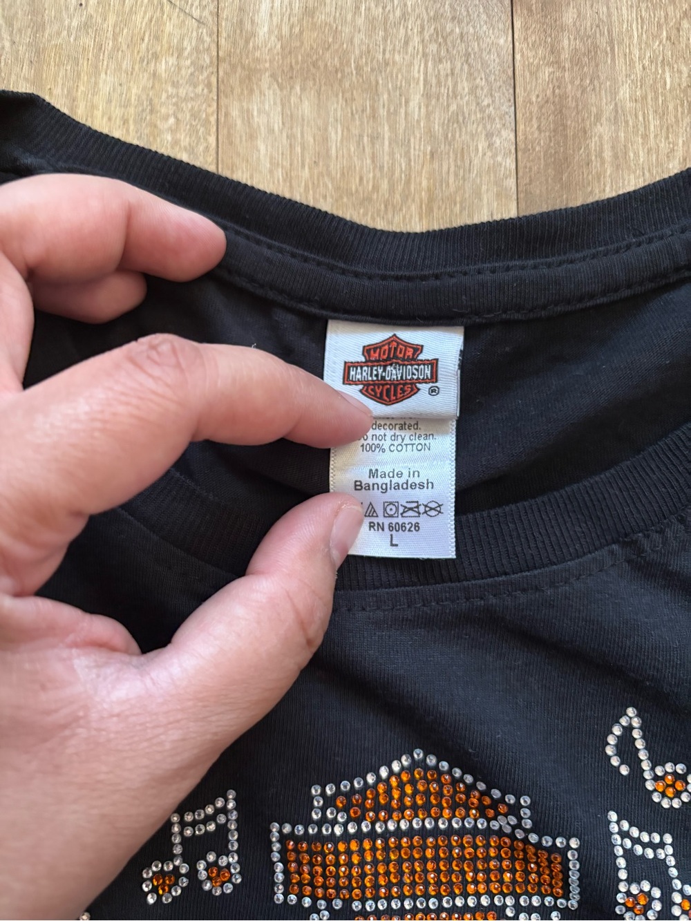 Harley-Davidson Black Rhinestone Logo Women's Tee with Orange and Silver Accents - Picture 3 of 6